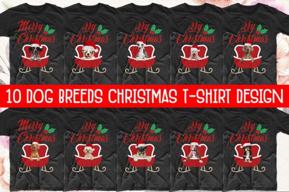 10 Dog Breeds Merry Christmas T-shirt Graphics & T-Shirt Designs
